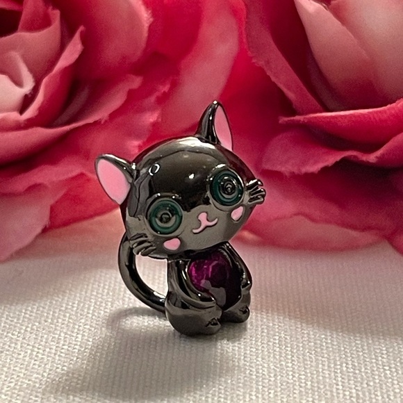 Charm for Pandora Bracelet Black Cat Holding a Rhinestone Heart Sterling Silver - Picture 9 of 13